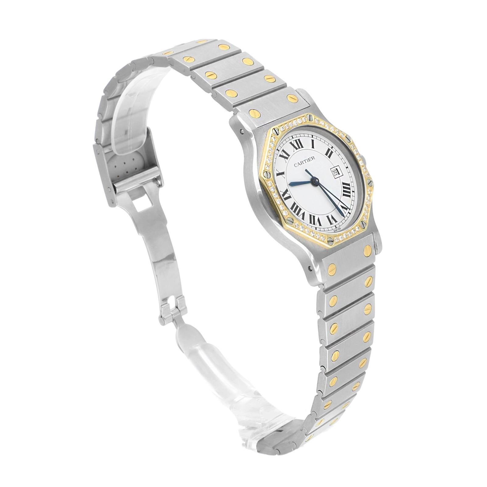 Cartier Santos Ronde Gold Octagon 29mm Women's Watch with Diamond Bezel 187902 In Excellent Condition For Sale In New York, NY