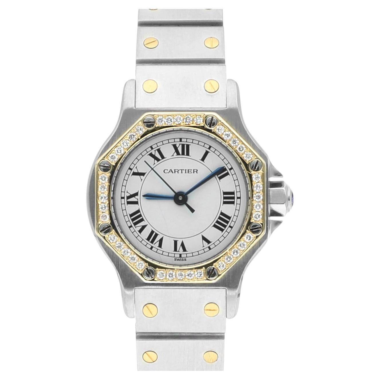 Cartier Santos Ronde Gold Octagon 29mm Women's Watch with Diamond Bezel 187902 For Sale