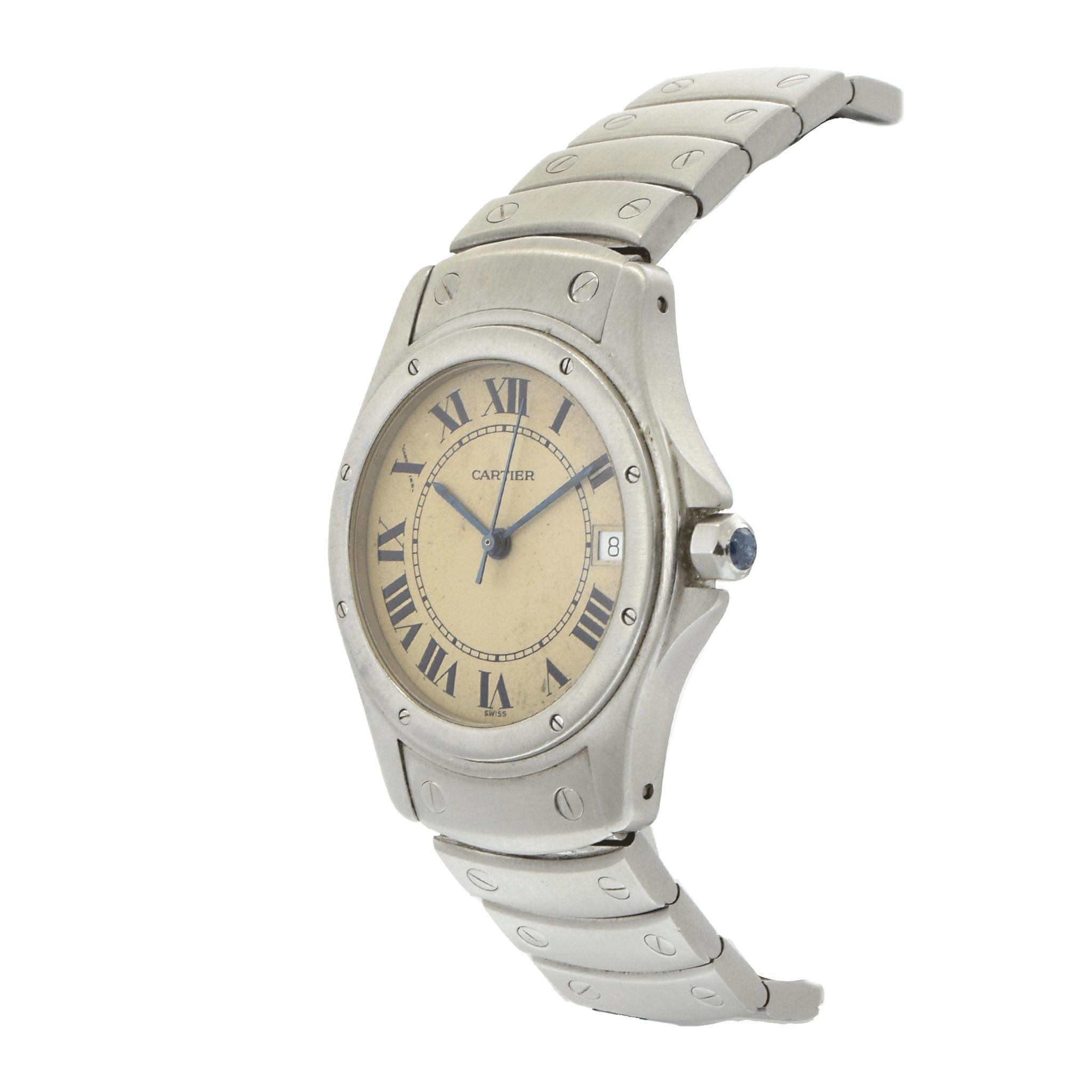 A refined 1990s Cartier Santos Ronde Large, featuring a 34mm stainless steel case and matching bracelet for a sleek and timeless design. The cream dial is adorned with bold black Roman numeral markers and a date complication, staying true to
