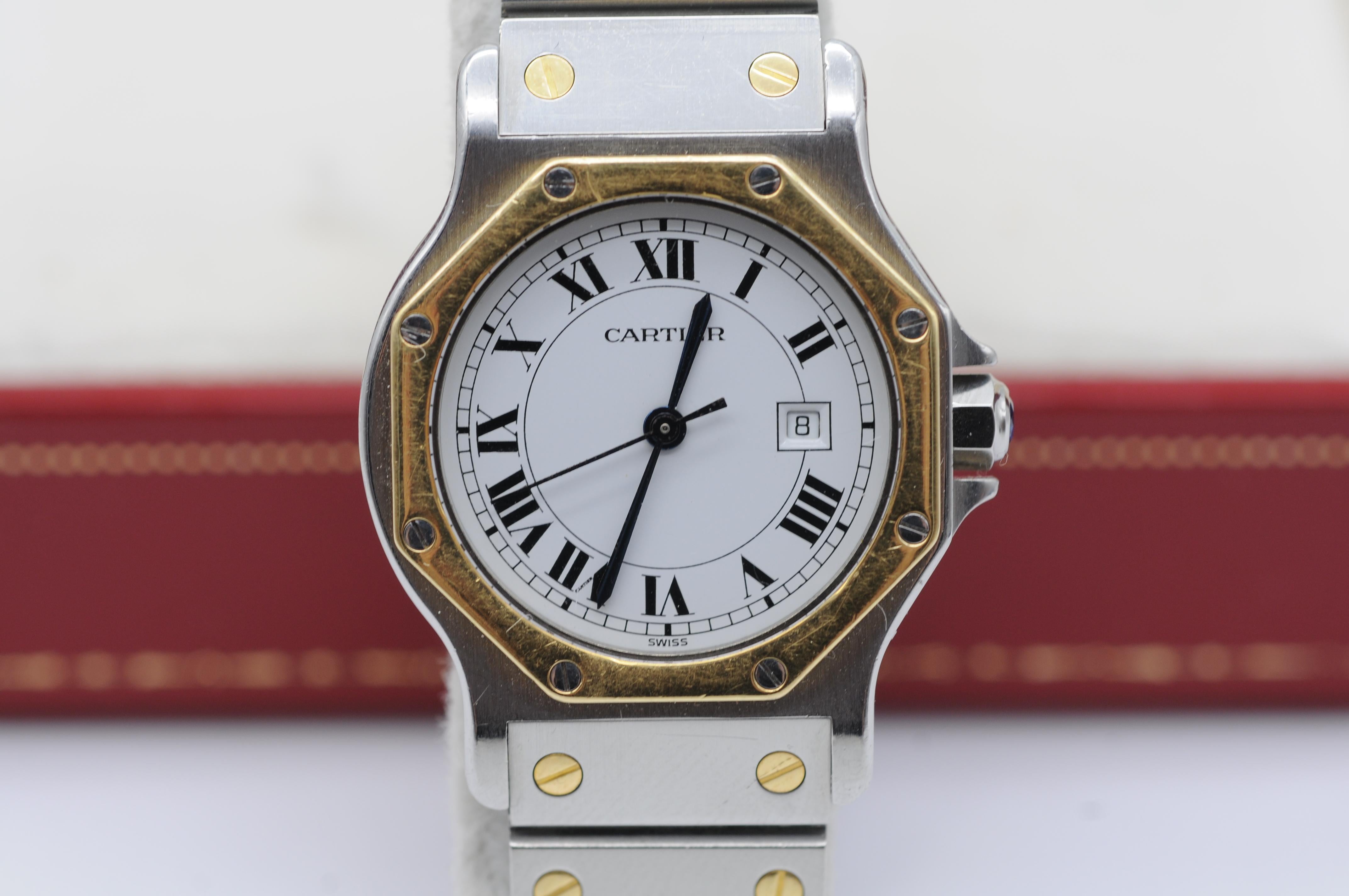  Cartier Santos Ronde Octogone Réf. 2966 - Boîte et papiers en acier/or Unisexe 