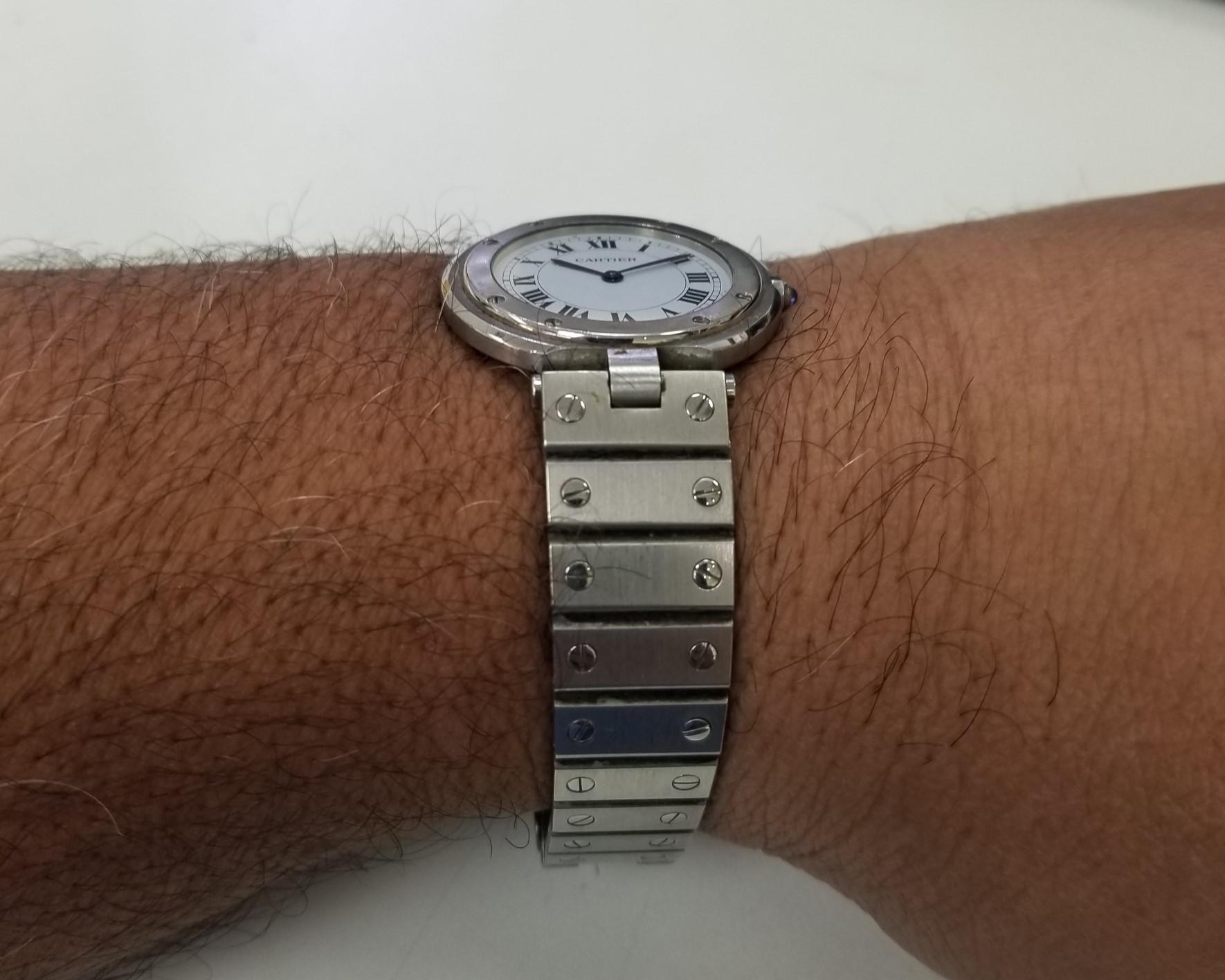 Cartier Santos Ronde Edelstahl Weißes Zifferblatt Herrenuhr (Zeitgenössisch)