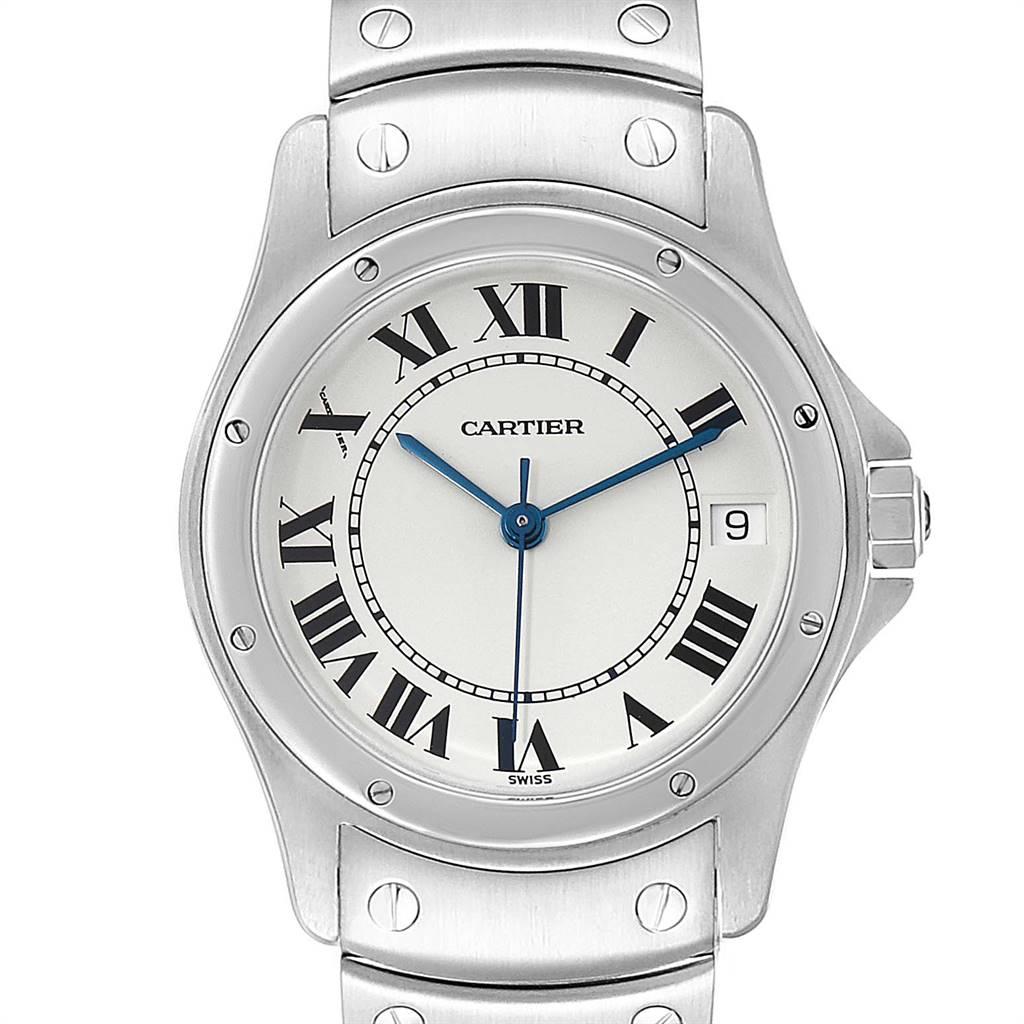 Cartier Santos Ronde White Dial Steel Unisex Watch W35002F5. Quartz movement. Stainless steel round case 33mm in diameter. Octagonal crown set with the blue spinel cabachon. Stainless steel bezel, secured with 8 pins. Scratch resistant sapphire