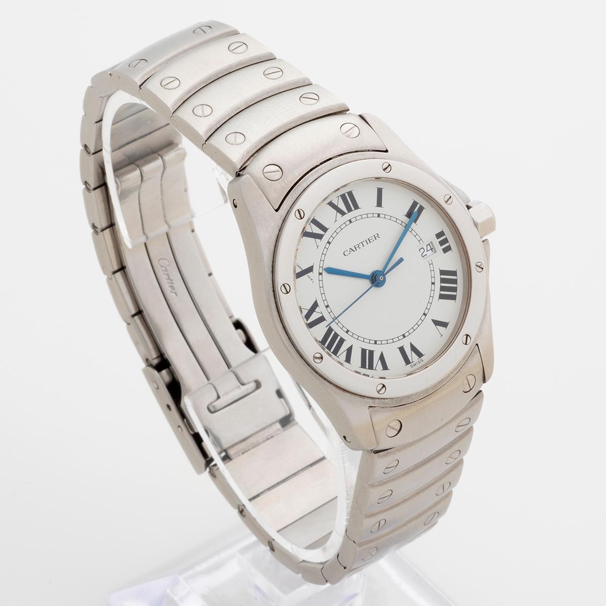 Our beautiful and iconic Cartier Santos ronde quartz in stainless steel, with stainless steel bracelet is the large 29mm case version, suitable for a lady who prefers a larger watch or a mid size gent's (for whom it was originally intended).