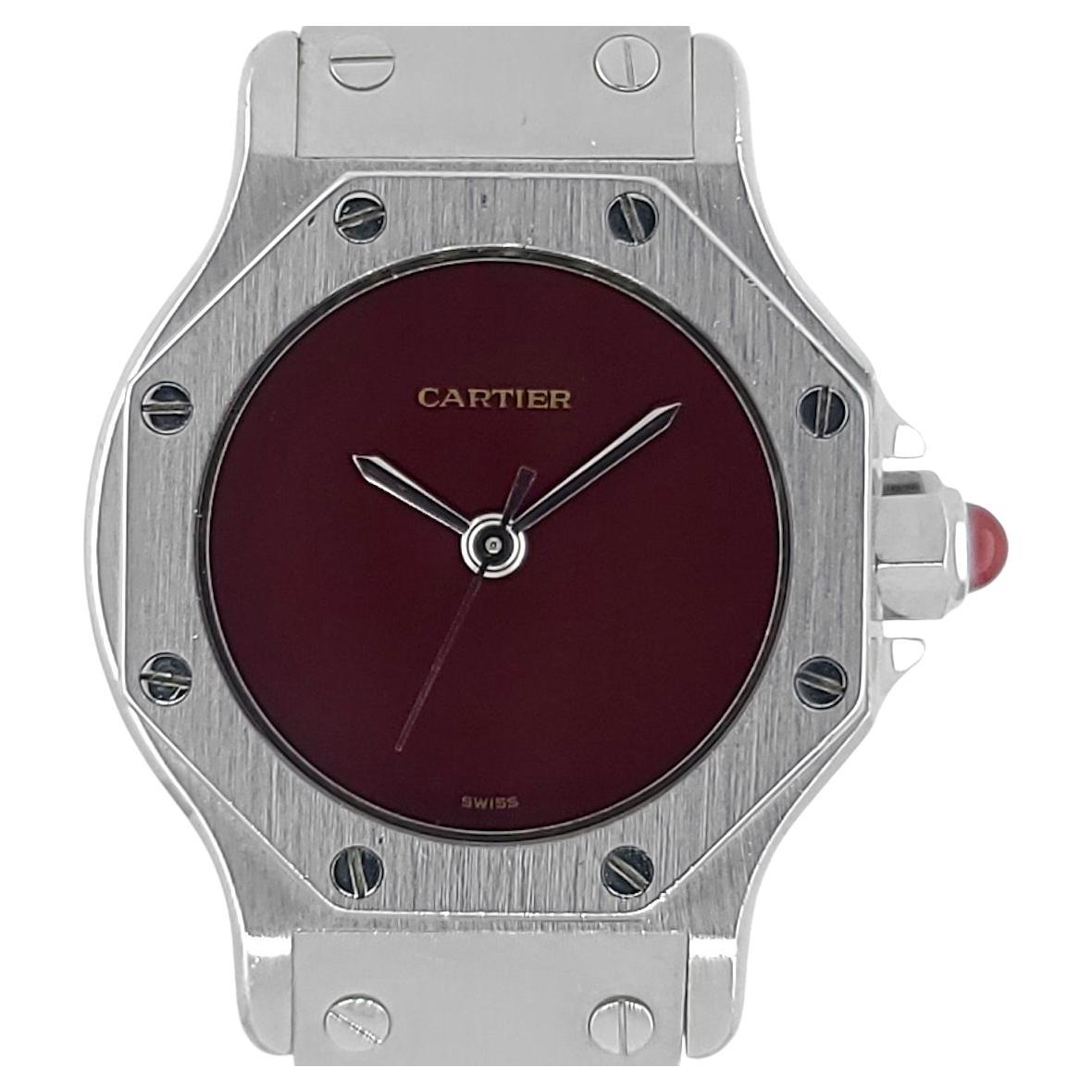 Cartier Santos Round Octagon Burgundy 0906 Small PM SM Octogonale Red Steel 1980