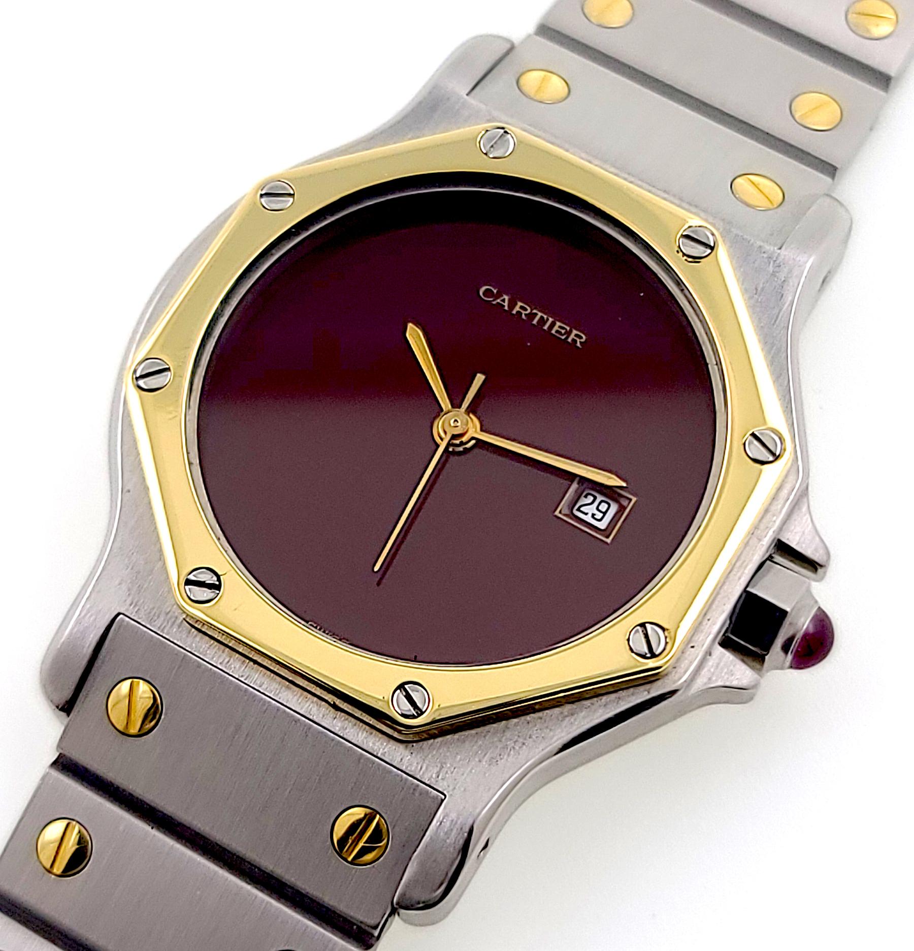 Cartier Santos Round Octagon Burgundy Date 2966 Large Red 18k Gold and Steel In Excellent Condition In PARIS, FR