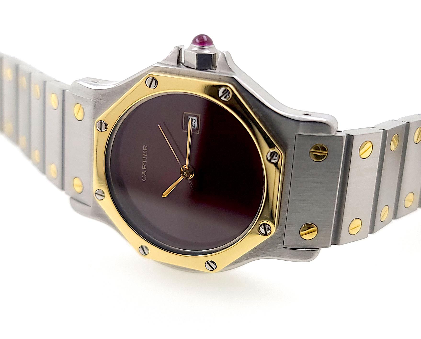 Cartier Santos Round Octagon Burgundy Date 2966 Large Red 18k Gold and Steel 1