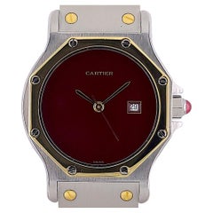 Vintage Cartier Santos Round Octagon Burgundy Date 2966 Large Red 18k Gold and Steel