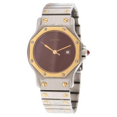 Cartier Santos: 18 Karat Gold und Stahl, rundes achteckiges, burgunderrotes Set, datiert 2966