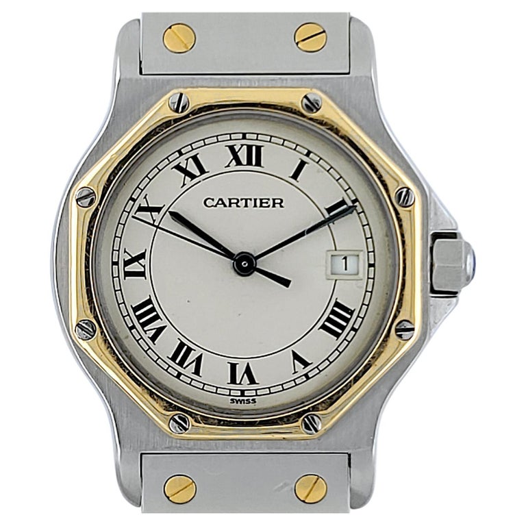 Cartier Santos Round Octagon Date 187902 Large LM GM Octogonale 18k Gold  Steel For Sale at 1stDibs