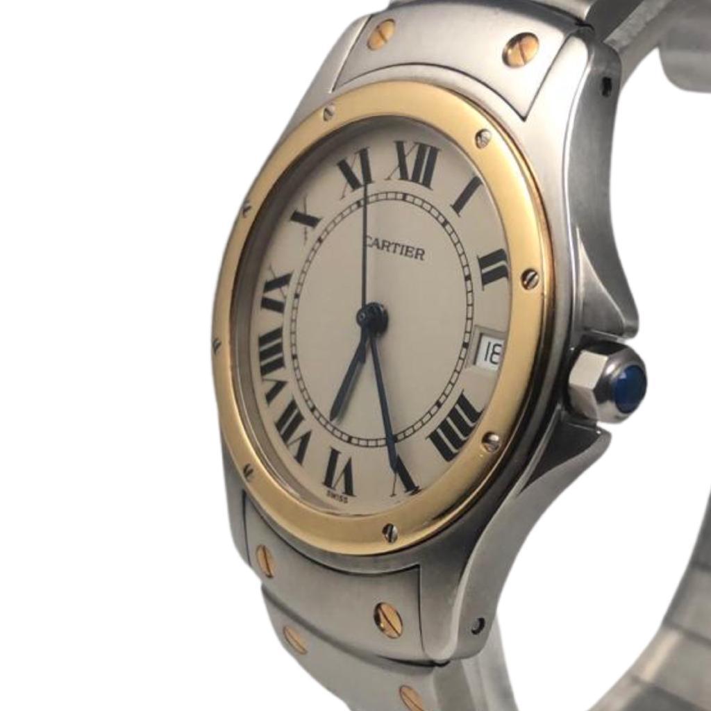 Brand: Cartier

Model Name: Santos

Ref No.: 1910

Movement: Automatic

Case Size: 33 mm

Case Material: 18k Yellow Gold / Stainless Steel

Dial Color: White Creme

Bracelet Material: 18k Yellow Gold / Stainless Steel

Features: Date

Crystal: