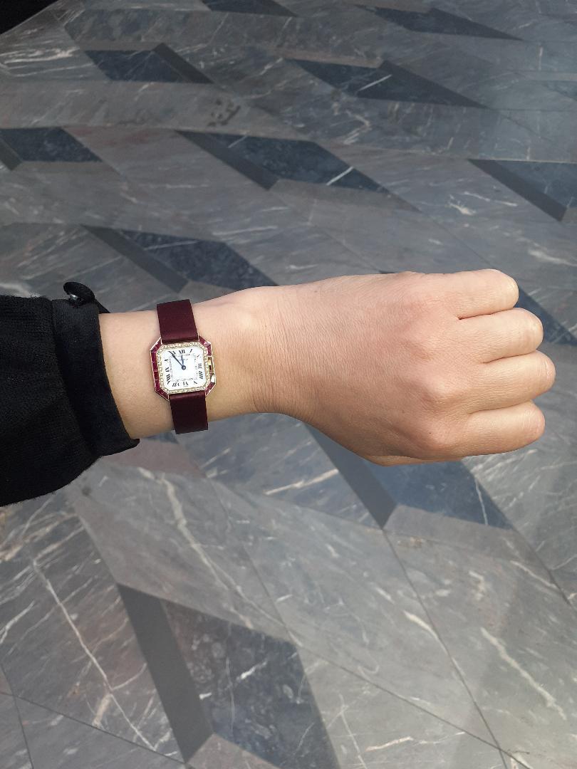 Cartier Santos Ruby and Diamond 18 Karat Yellow Gold Manual Wind Wristwatch In Good Condition In London, GB