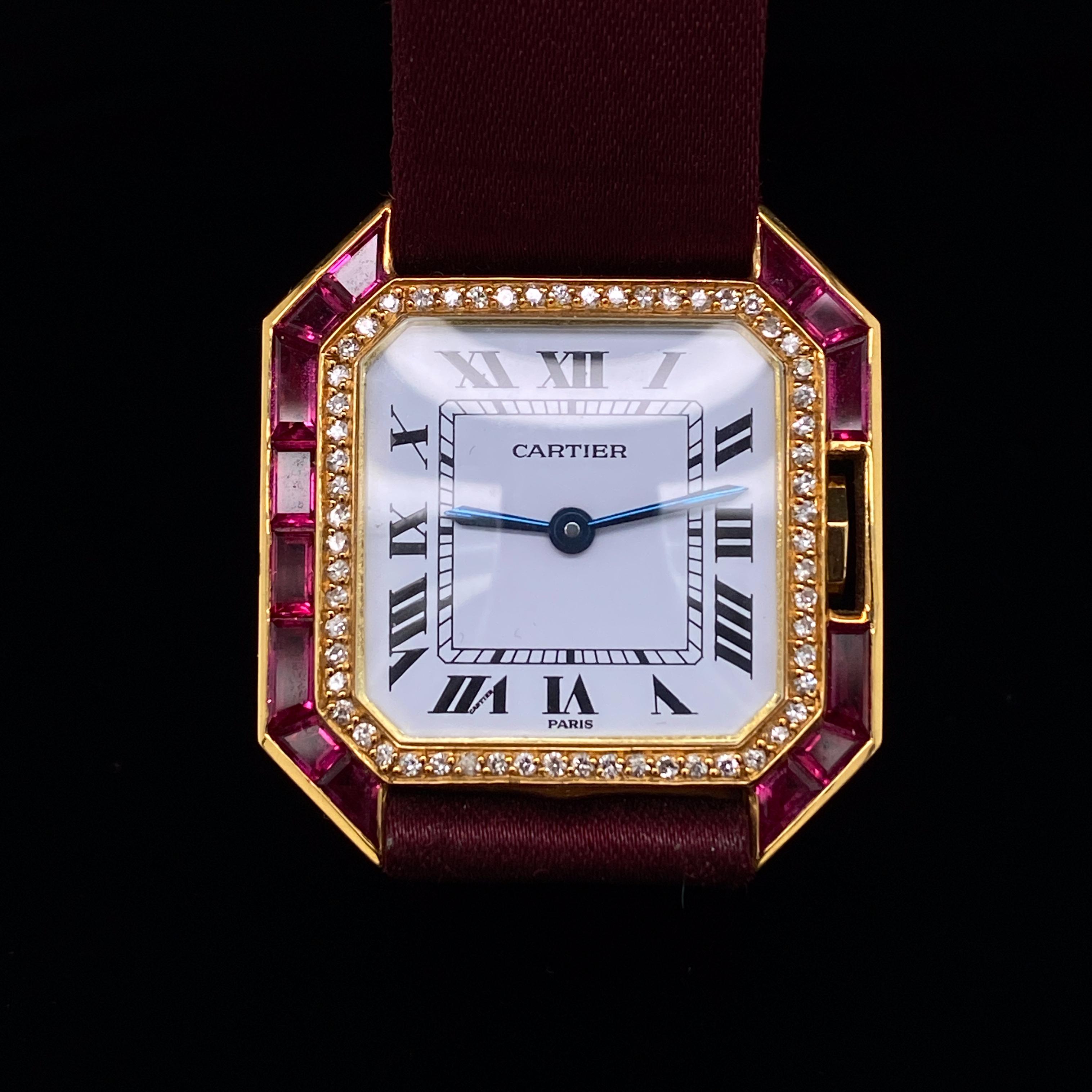 Modern Cartier Santos Ruby and Diamond 18 Karat Yellow Gold Manual Wind Wristwatch