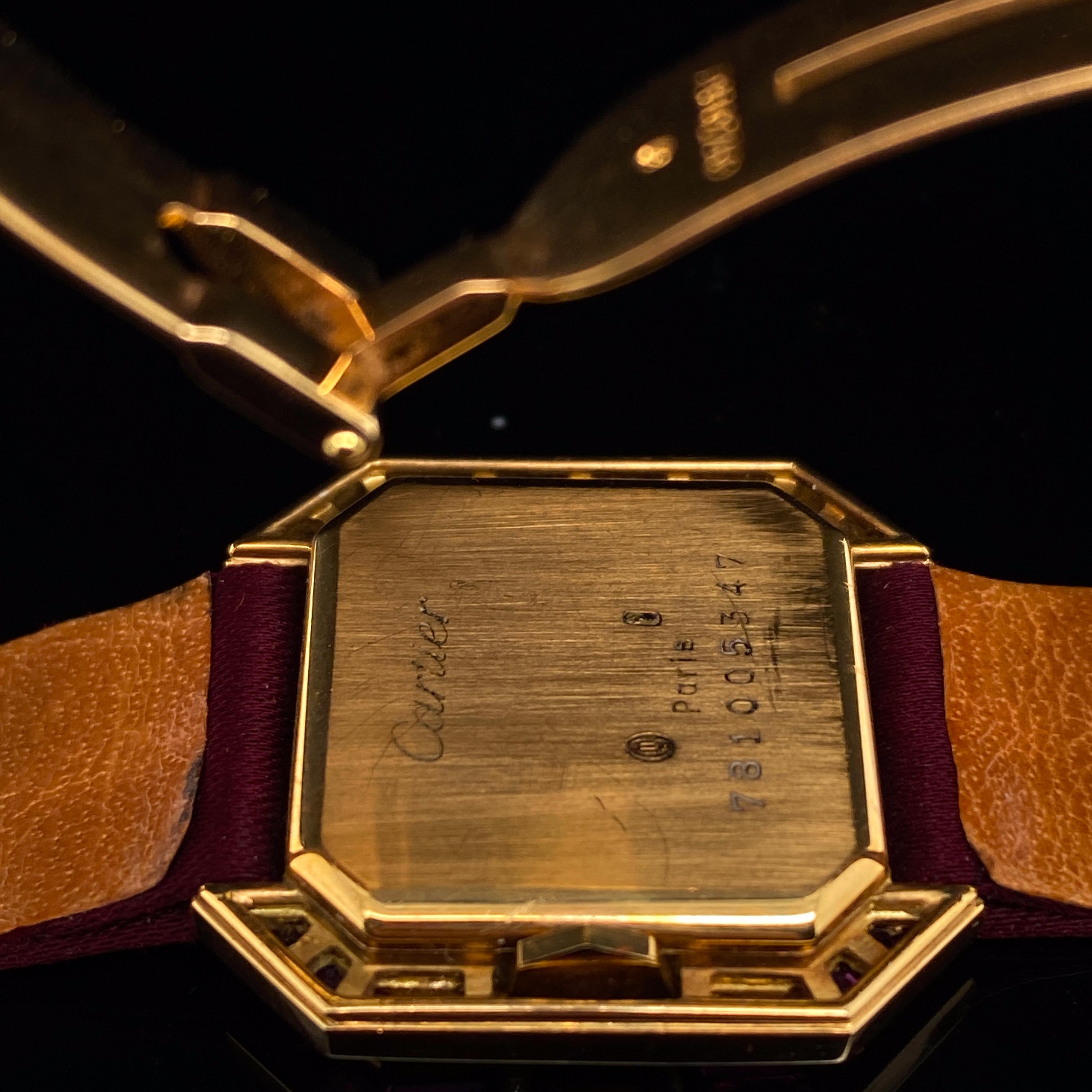 Baguette Cut Cartier Santos Ruby and Diamond 18 Karat Yellow Gold Manual Wind Wristwatch