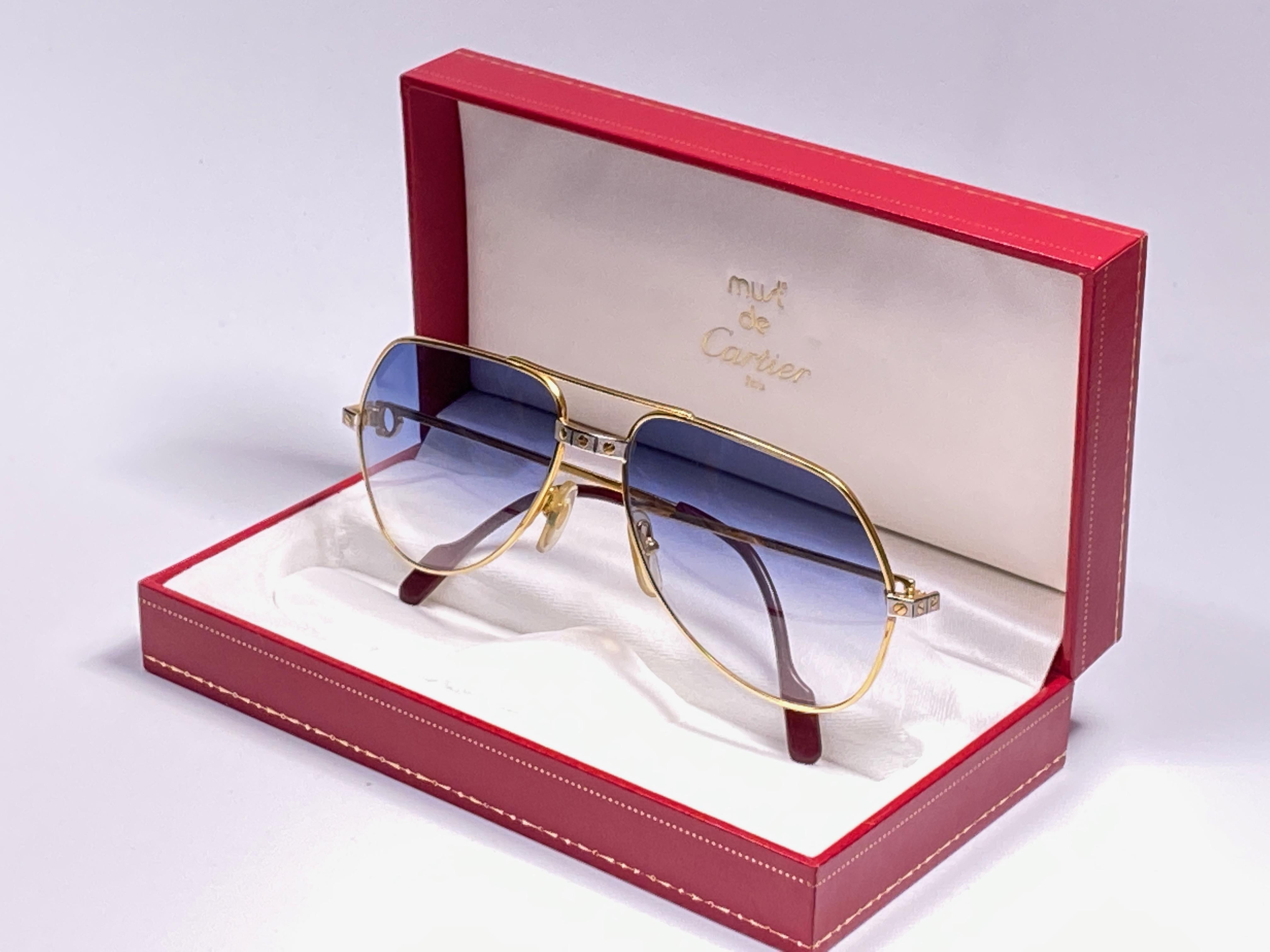 Women's or Men's Cartier Santos Screws 1983 59mm 18K Heavy Plated Blue Lens Sunglasses France