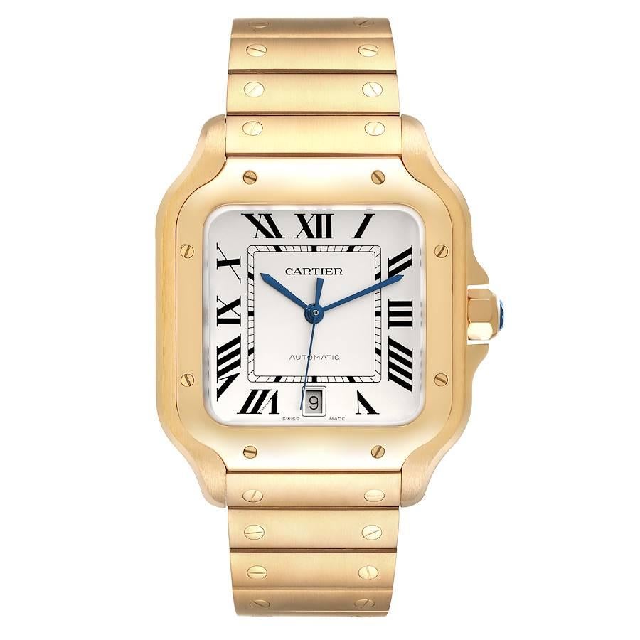 Cartier Santos Silver Dial Large 18k Yellow Gold Mens Watch WGSA0029 Box Card. Automatic self-winding movement. 18k yellow gold case 38.9mm x 47.5 mm.  Octagonal crown set with the faceted blue spinel. 18k yellow gold bezel punctuated with 8