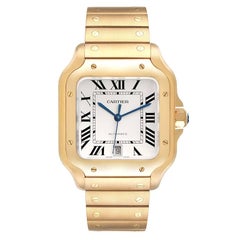 Cartier Santos Silver Dial Large 18k Yellow Gold Mens Watch WGSA0029 Box Card