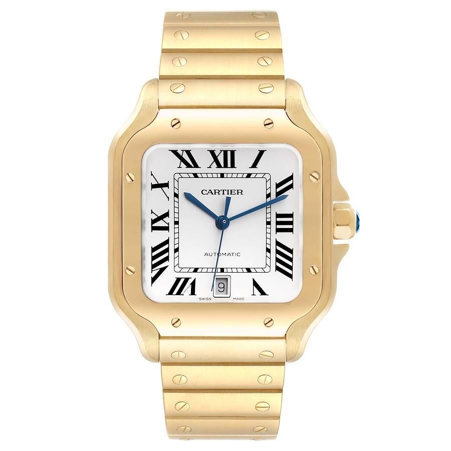 Cartier Santos Silver Dial Large 18k Yellow Gold Mens Watch WGSA0029. Automatic self-winding movement. 18k yellow gold case 38.9mm x 47.5 mm.  Octagonal crown set with the faceted blue spinel. 18k yellow gold bezel punctuated with 8 signature