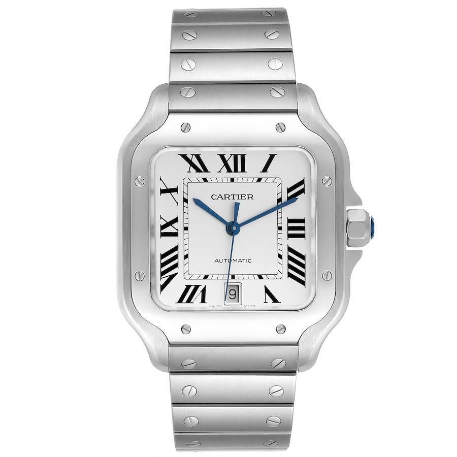 Cartier Santos Silver Dial Large Steel Mens Watch WSSA0018 Box Card. Automatic self-winding movement. Stainless steel case 39.8 x 47.5 mm.  Octagonal crown set with the faceted blue spinel. Stainless steel bezel punctuated with 8 signature screws.