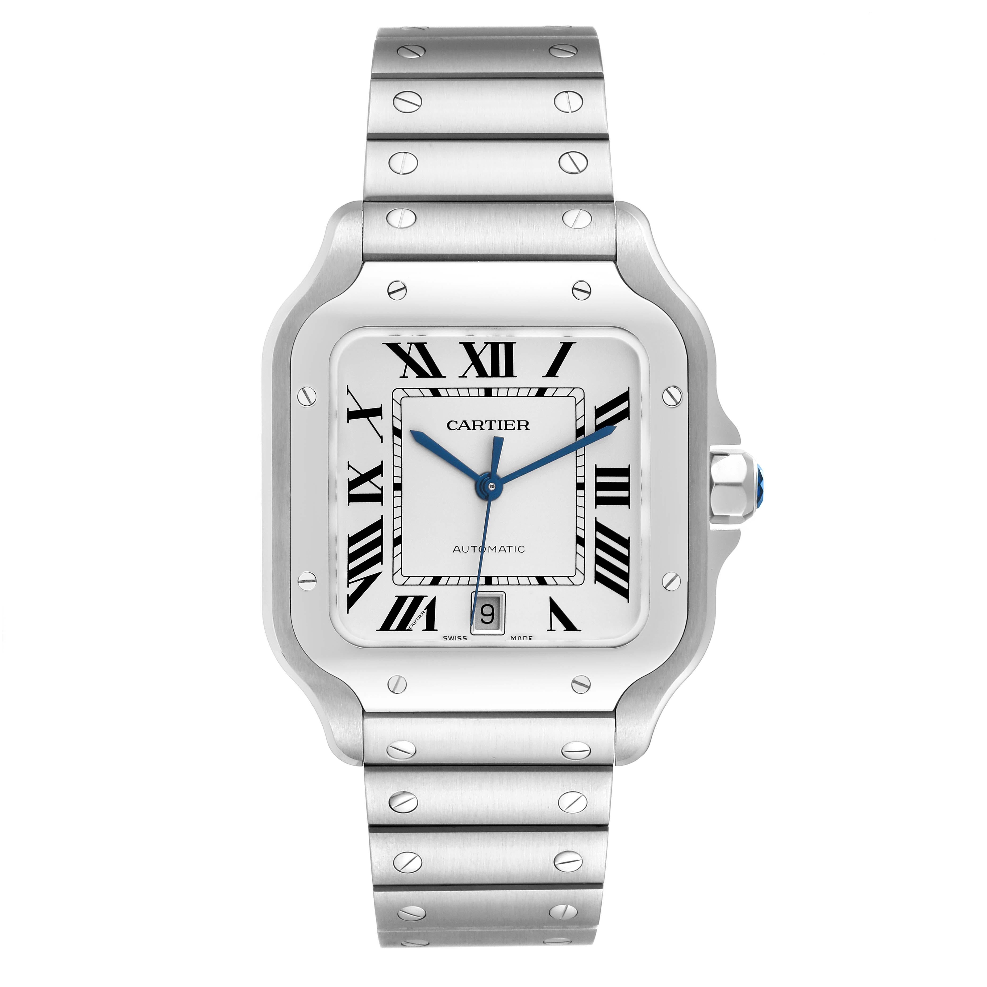 Cartier Santos Silver Dial Large Steel Mens Watch WSSA0018 Box Card. Automatic self-winding movement. Stainless steel case 39.8 x 47.5 mm.  Octagonal crown set with the faceted blue spinel. Stainless steel bezel punctuated with 8 signature screws.