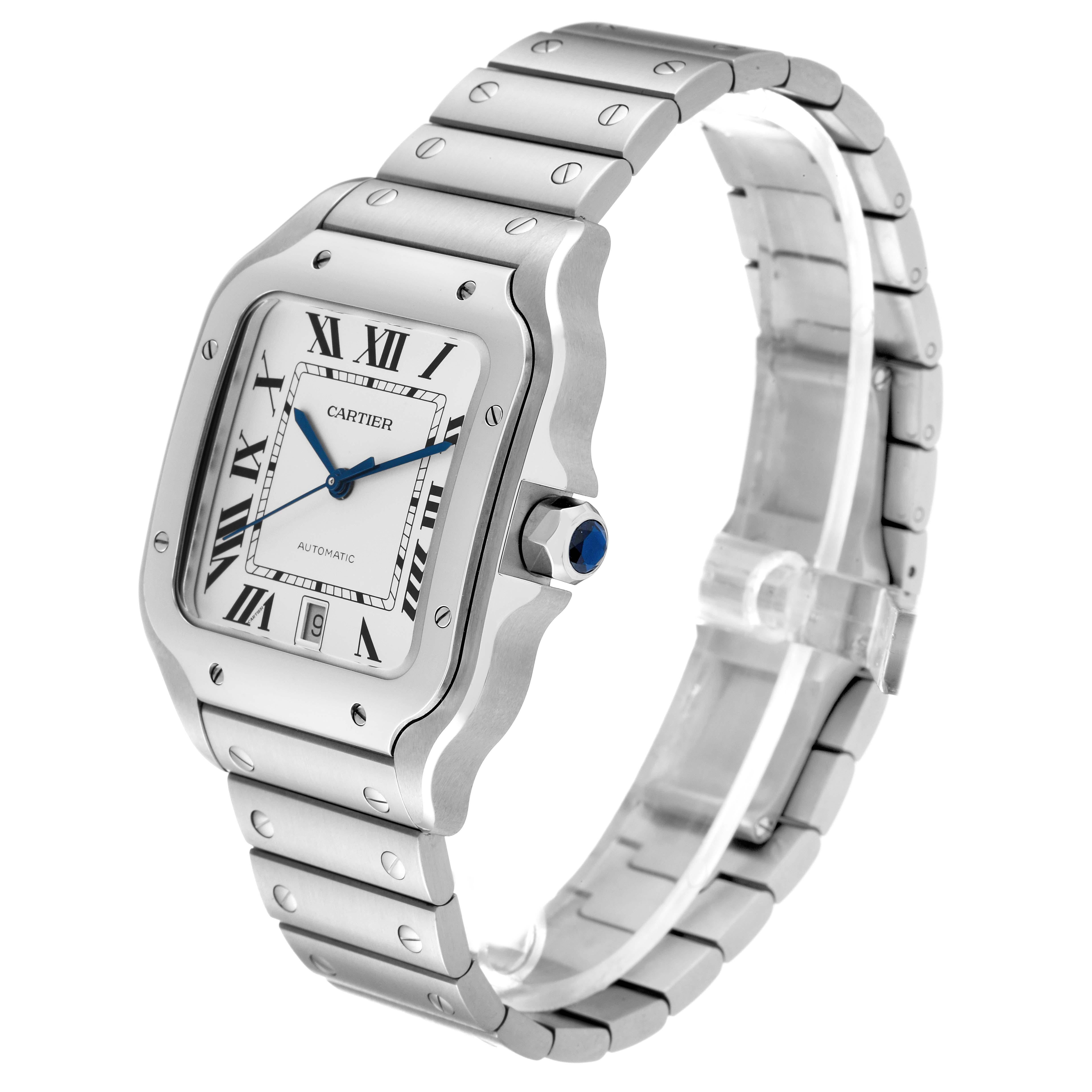 Cartier Santos Silver Dial Large Steel Mens Watch WSSA0018 Box Card In Excellent Condition In Atlanta, GA