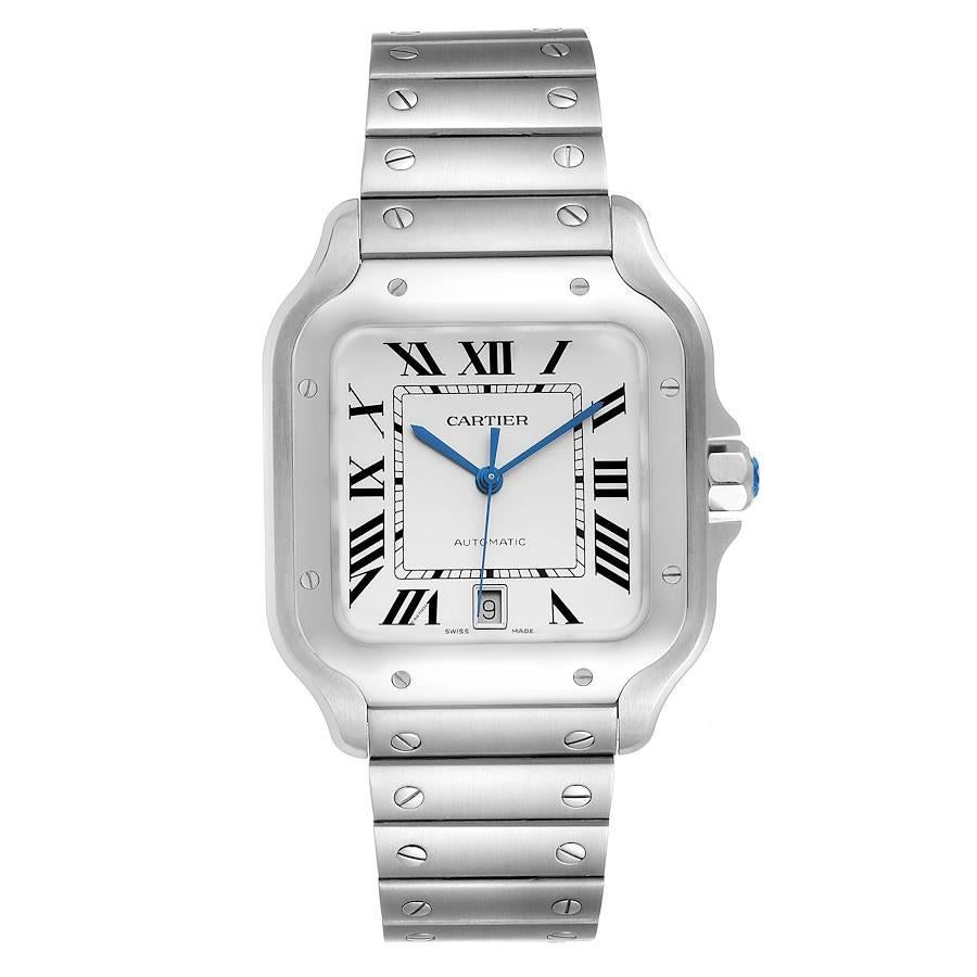 Cartier Santos Silver Dial Large Steel Mens Watch WSSA0018 Unworn. Automatic self-winding movement. Stainless steel case 39.8 x 47.5 mm. Octagonal crown set with the faceted blue spinel. Stainless steel bezel punctuated with 8 signature screws.