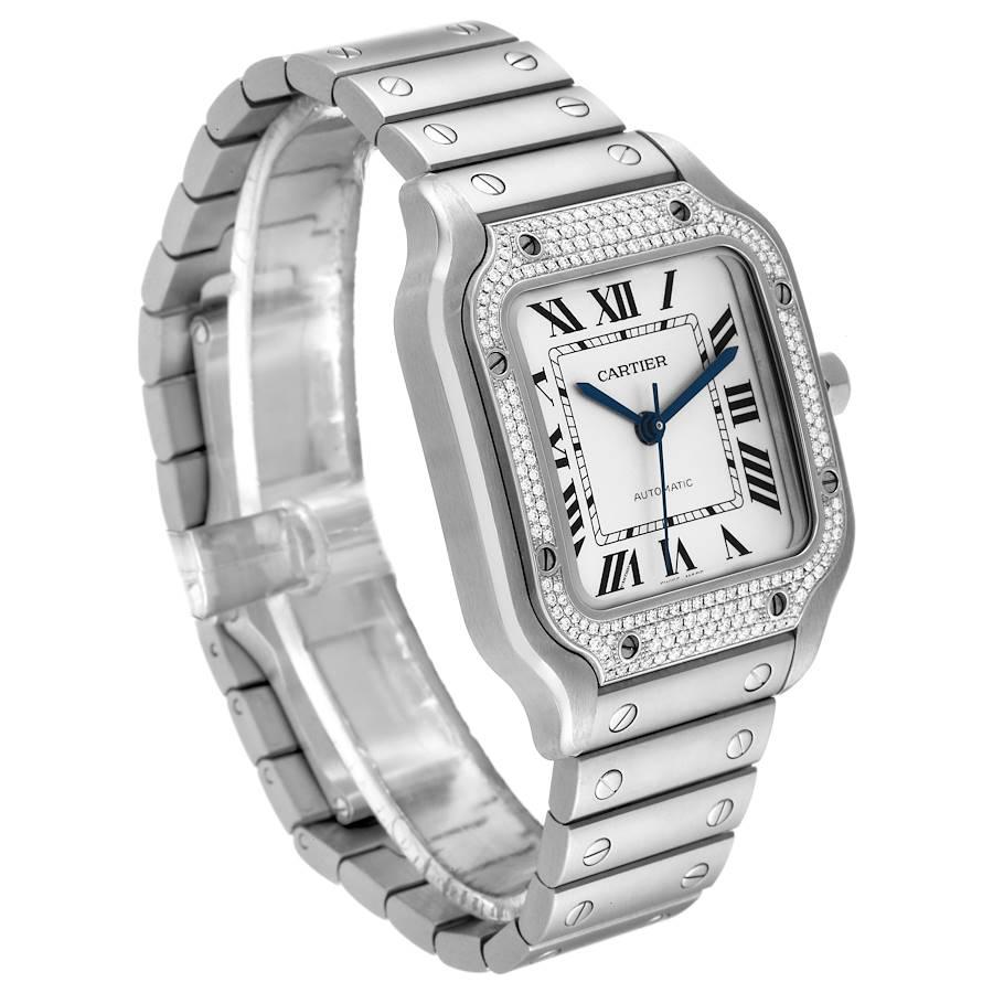 Cartier Santos Silver Dial Medium Steel Diamond Mens Watch W4SA0005 For