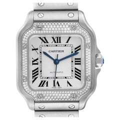 Cartier Santos Silver Dial Steel Diamond Mens Watch W4SA0005 Box Card