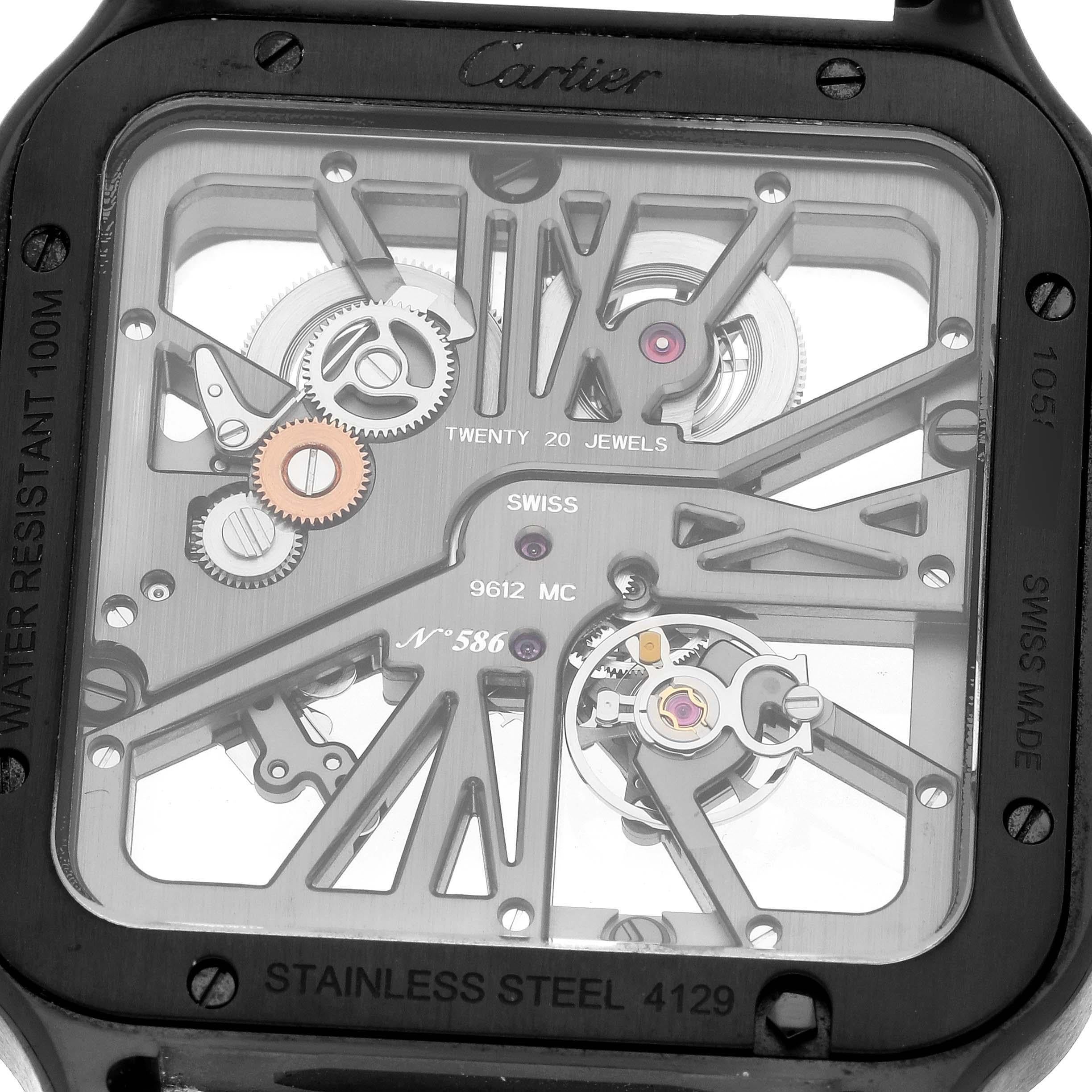 Men's Cartier Santos Skeleton Dial Black ADLC Steel Mens Watch WHSA0009 Box Papers