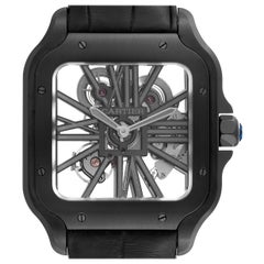 Cartier Santos Skeleton Dial Black ADLC Steel Mens Watch WHSA0009 Box Papers