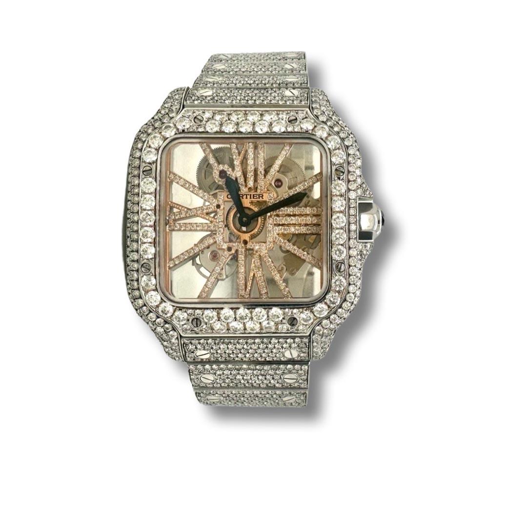 Cartier Santos Skeleton Full Pave in Steel and 18k Rose Gold Large 25 TCW In Excellent Condition In Miami, FL