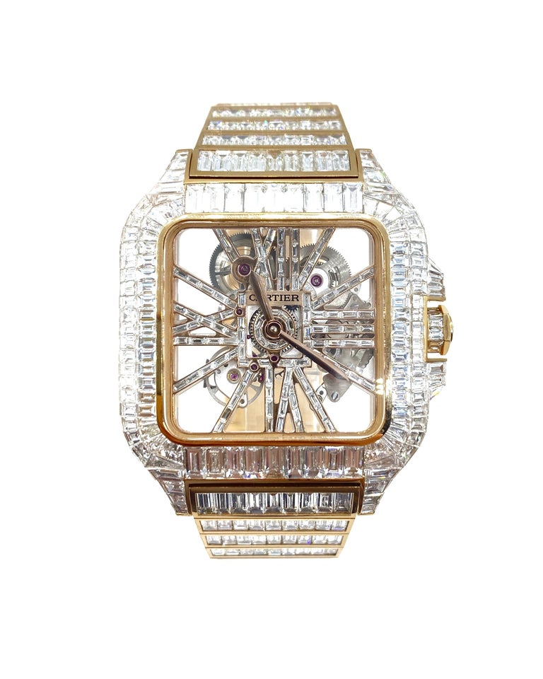 Artist Cartier Santos Skeleton Iced Out Rose Gold Custom Diamond Watch, WHSA0015 For Sale