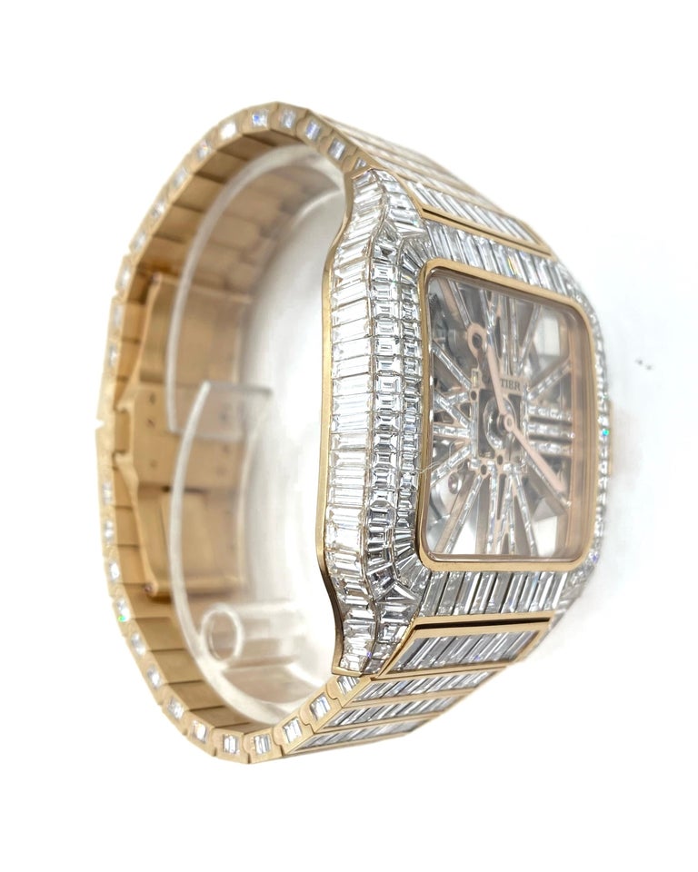 Baguette Cut Cartier Santos Skeleton Iced Out Rose Gold Custom Diamond Watch, WHSA0015 For Sale