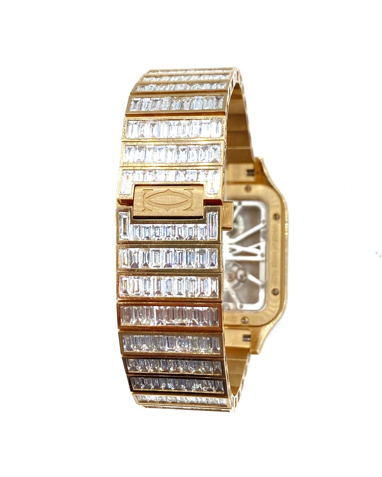 Cartier Santos Skeleton Iced Out Rose Gold Custom Diamond Watch, WHSA0015 In New Condition For Sale In New York, NY
