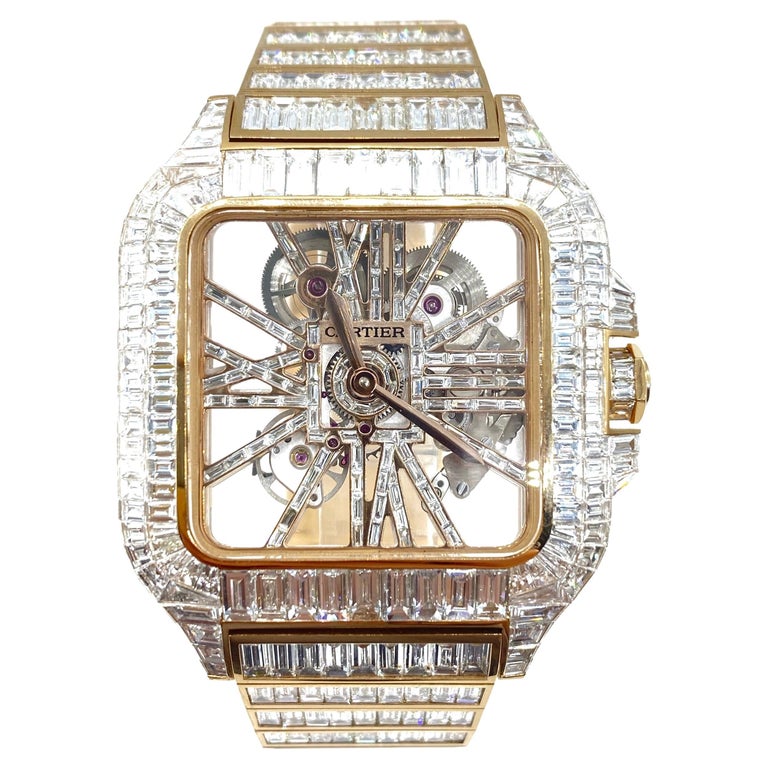Cartier Santos Skeleton Iced Out Rose Gold Custom Diamond Watch, WHSA0015 For Sale