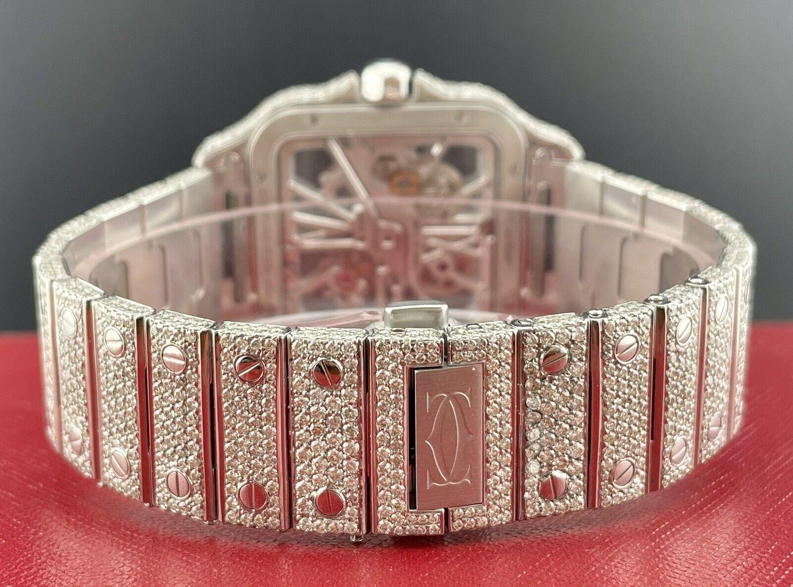 Modern Cartier Santos SKELETON Men's 40mm Steel Watch Roman Iced Out 22ct VS Diamonds