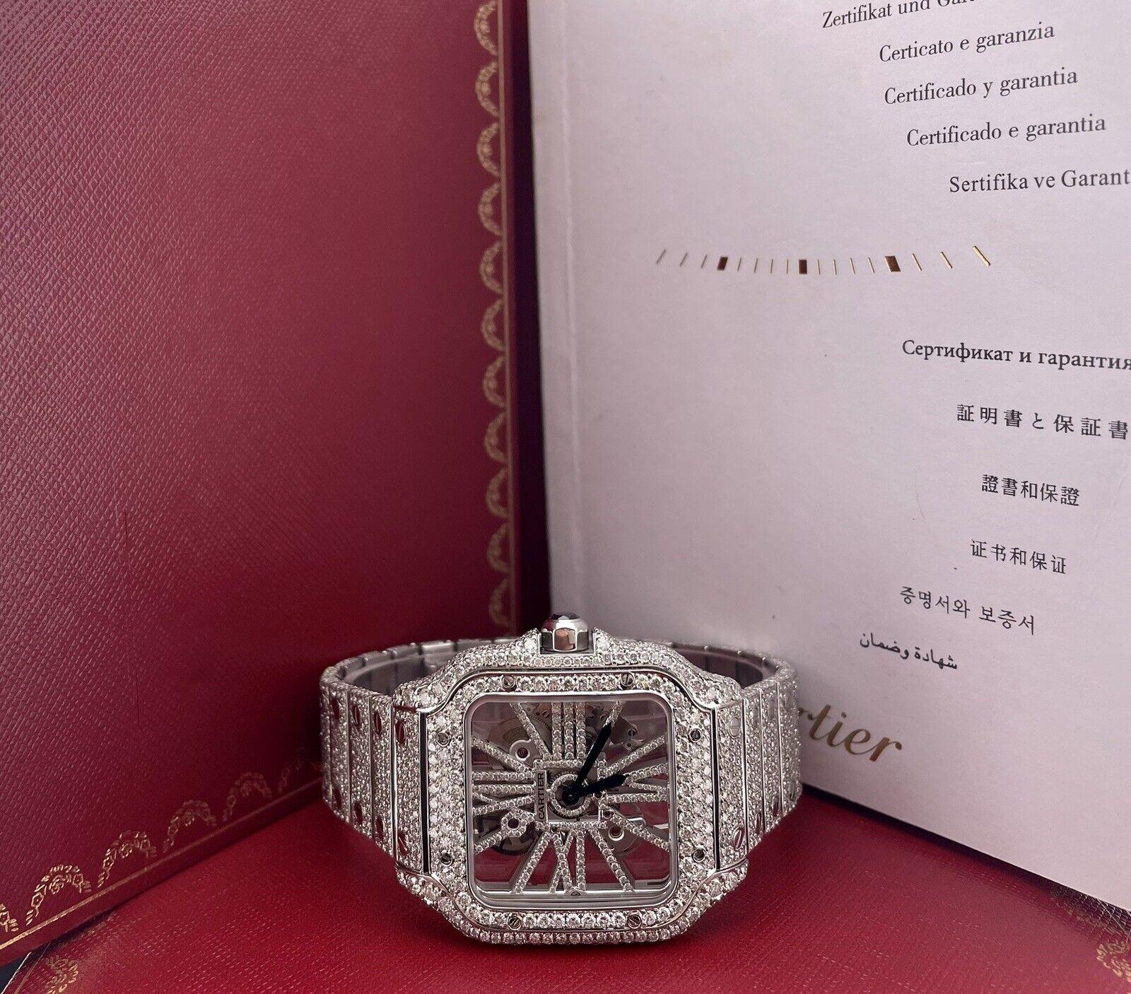 Cartier Santos SKELETON Men's 40mm Steel Watch Roman Iced Out 22ct VS Diamonds In Excellent Condition In Pleasanton, CA
