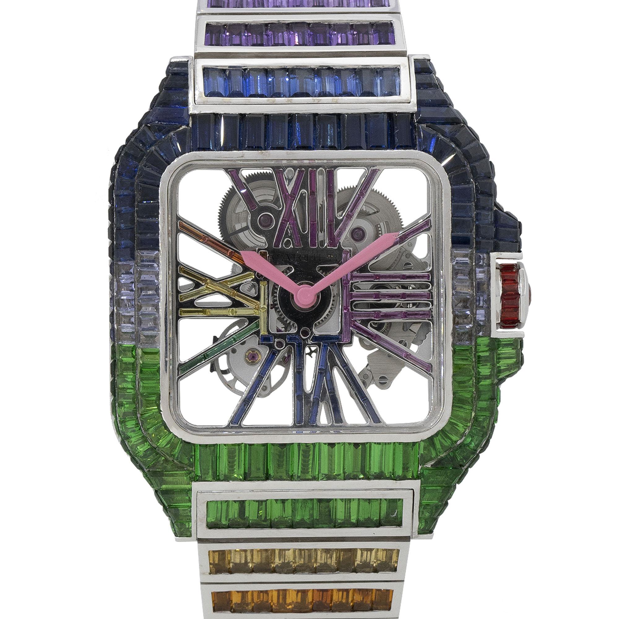 Brand: Cartier
Model: Santos
Case Material: 18k White Gold with aftermarket multicolor Sapphire gemstones
Case Diameter: 40mm
Crystal: Sapphire crystal
Bezel: 18k White Gold with aftermarket multicolor Sapphire gemstones
Dial: Skeleton Multi color