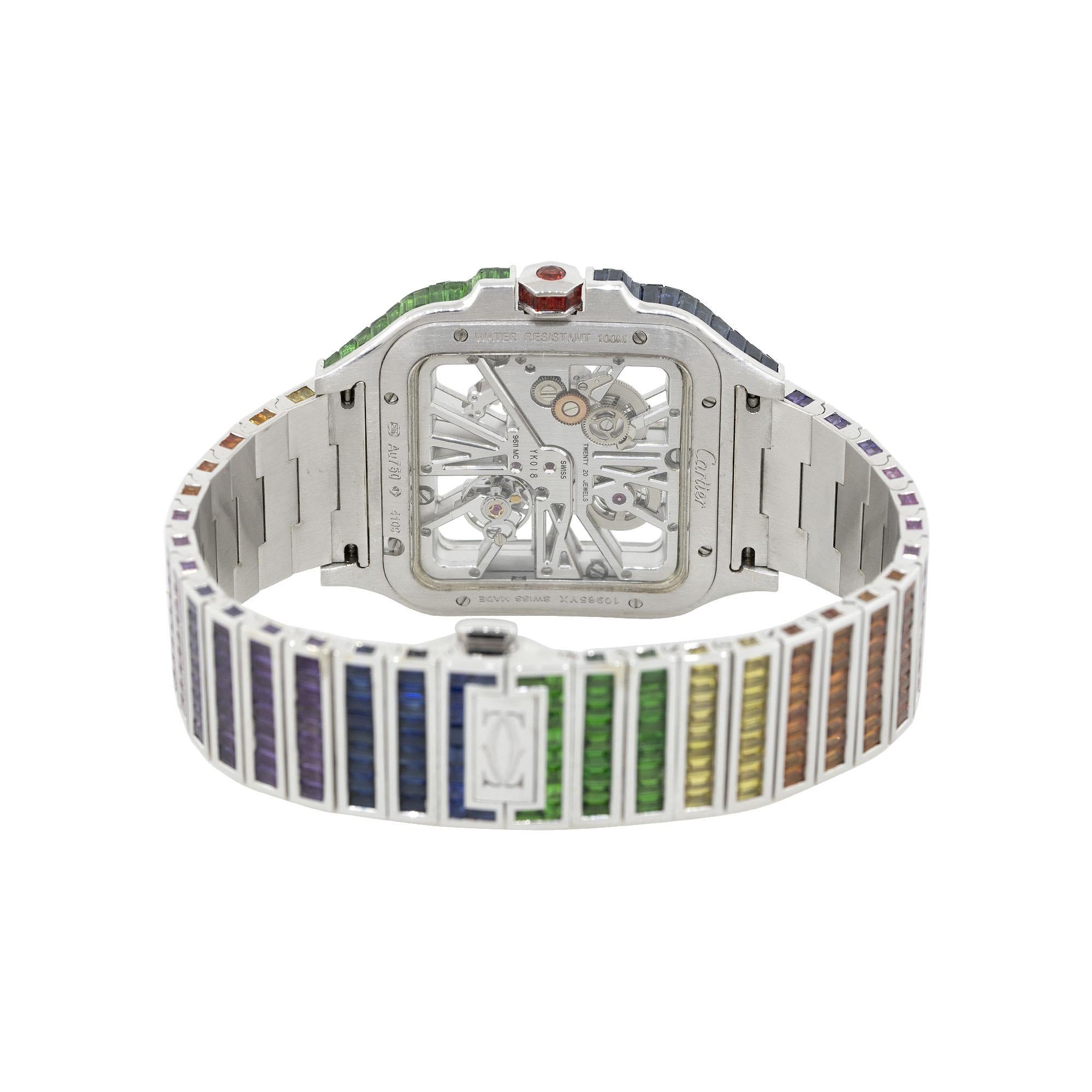 Baguette Cut Cartier Santos Skeleton Multi Color Sapphire Watch 18 Karat in Stock