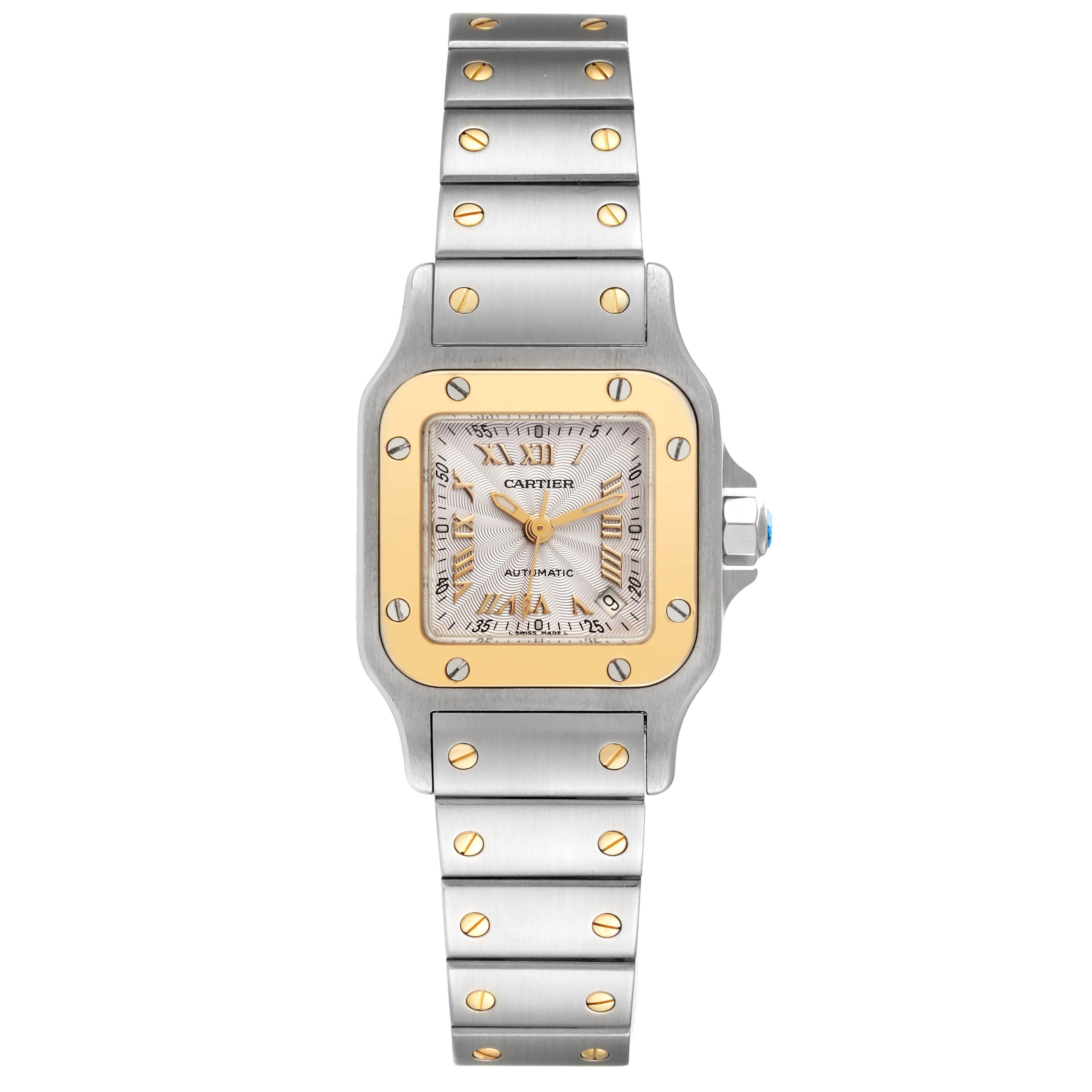 Cartier Santos Small Steel Yellow Gold Automatic Ladies Watch W20057C4. Automatic self-winding movement. Stainless steel case 24.0 x 24.0 mm. Steel octagonal crown set with the blue faceted spinel. 18K yellow gold bezel punctuated with 8 signature