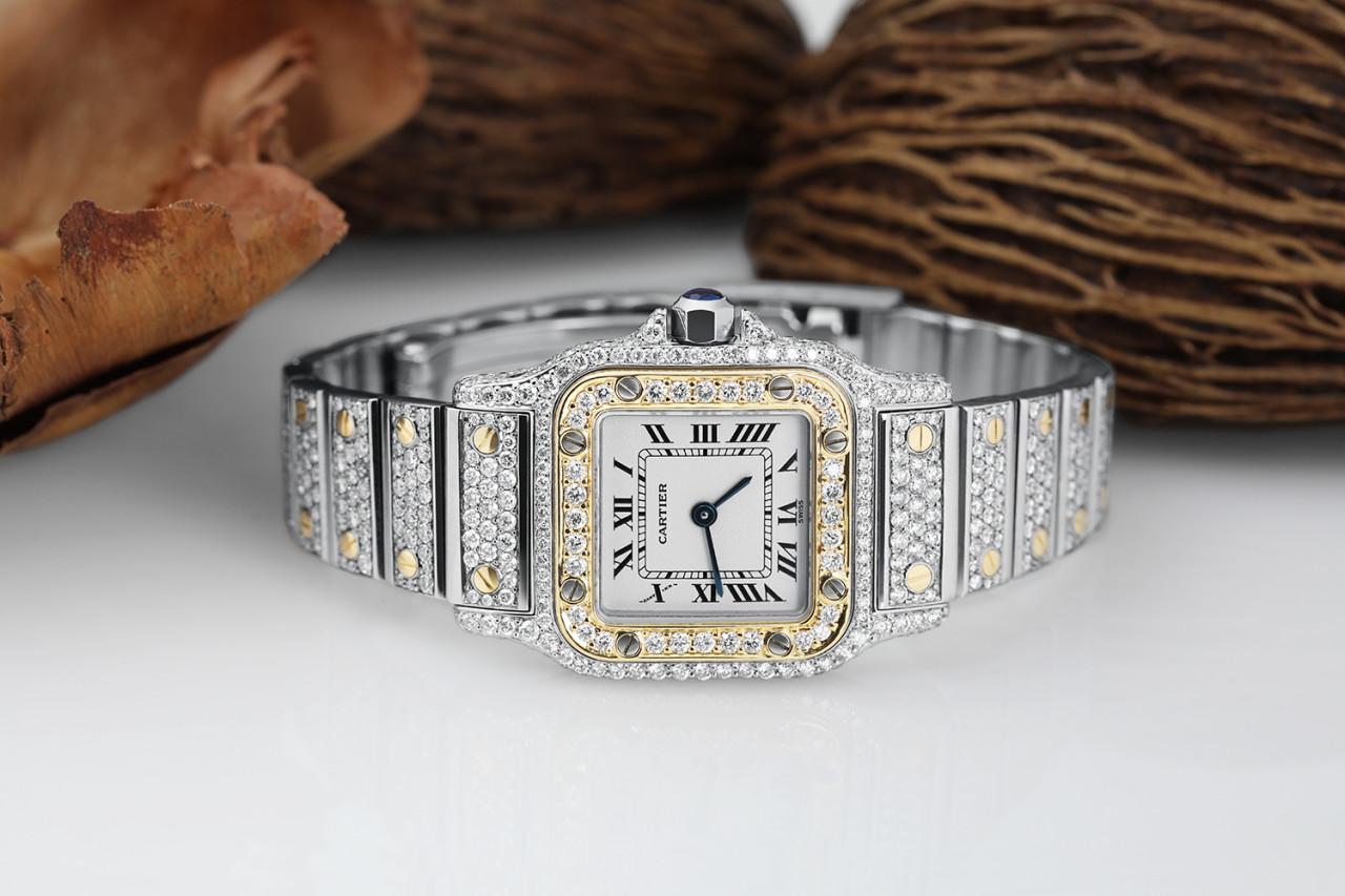 Reloj Cartier Santos de cuarzo para señora, acero y oro amarillo de 18 quilates W20012C4 Corte redondo en venta