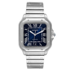 Cartier Santos Stainless Steel Blue Dial Mens Watch WSSA0030 Box Card