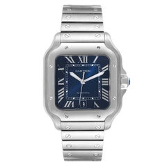 Cartier Santos Stainless Steel Blue Dial Mens Watch WSSA0030 Box Card