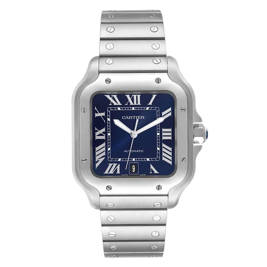 Cartier Santos Stainless Steel Blue Dial Mens Watch WSSA0030 Box Card. Automatic self-winding movement. Stainless steel case 39.8 x 47.5 mm. Protected octagonal crown set with a faceted blue synthetic spinel. Stainless steel bezel punctuated with 8