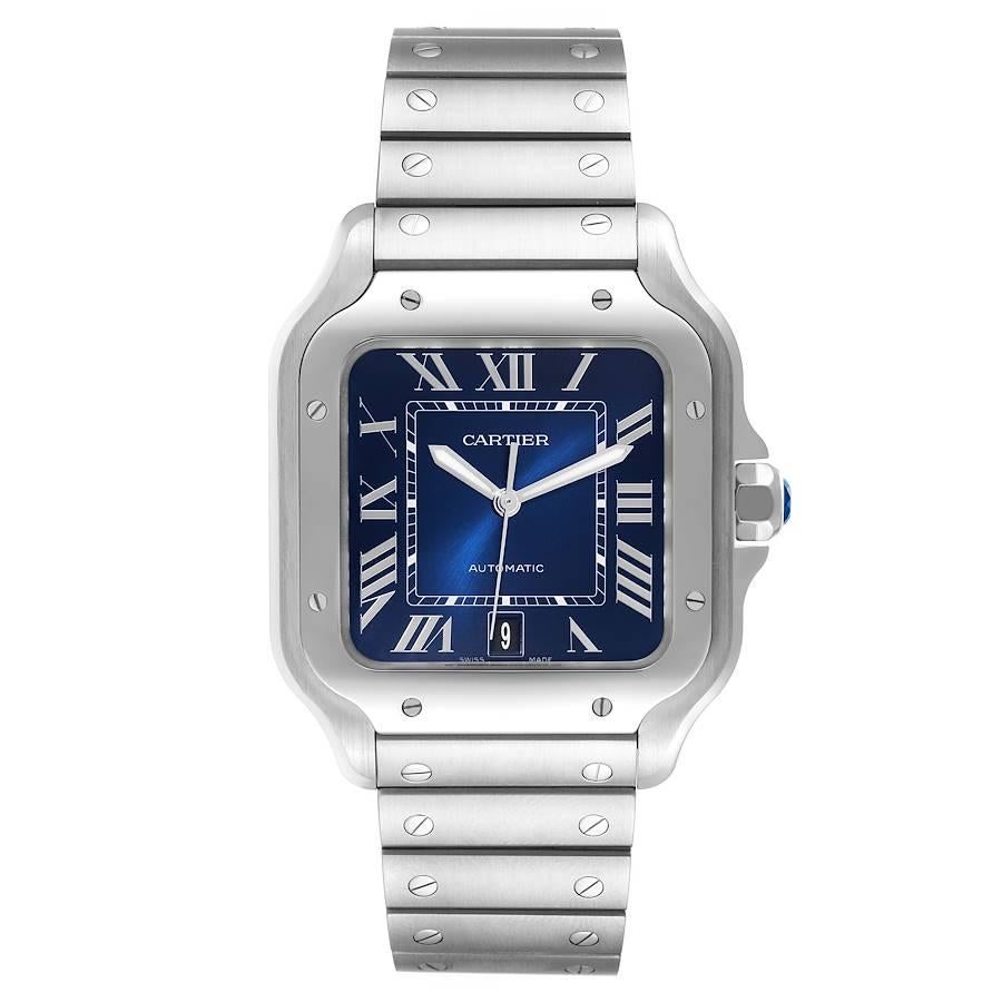 Cartier Santos Stainless Steel Blue Dial Mens Watch WSSA0030 Card. Automatic self-winding movement. Stainless steel case 39.8 x 47.5 mm. Protected octagonal crown set with a faceted blue synthetic spinel. Stainless steel bezel punctuated with 8