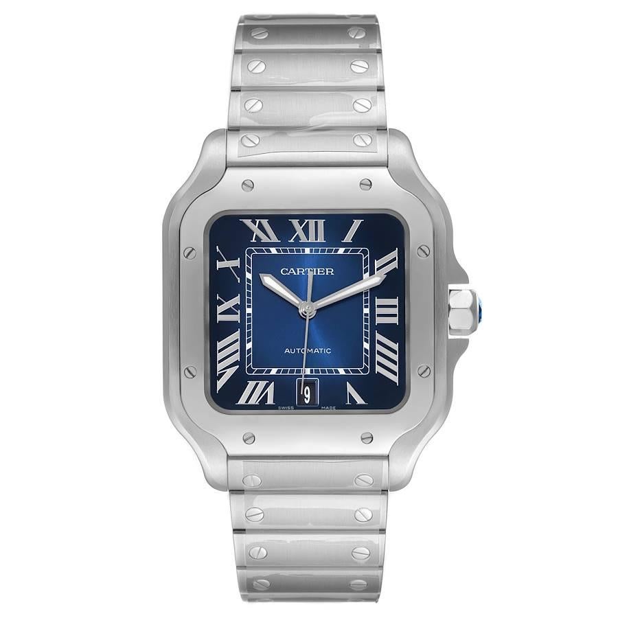 Cartier Santos Stainless Steel Blue Dial Mens Watch WSSA0030 Unworn. Automatic self-winding movement. Stainless steel case 39.8 x 47.5 mm. Protected octagonal crown set with the faceted blue synthetic spinel. Stainless steel bezel punctuated with 8