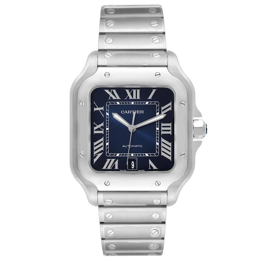 Cartier Santos Edelstahl Blau Zifferblatt Herrenuhr WSSA0030 Ungetragen. Automatisches Uhrwerk mit Selbstaufzug. Gehäuse aus Edelstahl 39,8 x 47,5 mm. Geschützte achteckige Krone, besetzt mit einem facettierten blauen synthetischen Spinell. Die