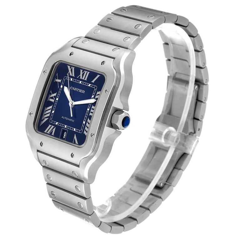 Cartier Santos Edelstahl blau Zifferblatt Herrenuhr WSSA0030 ungetragen im Angebot bei 1stDibs