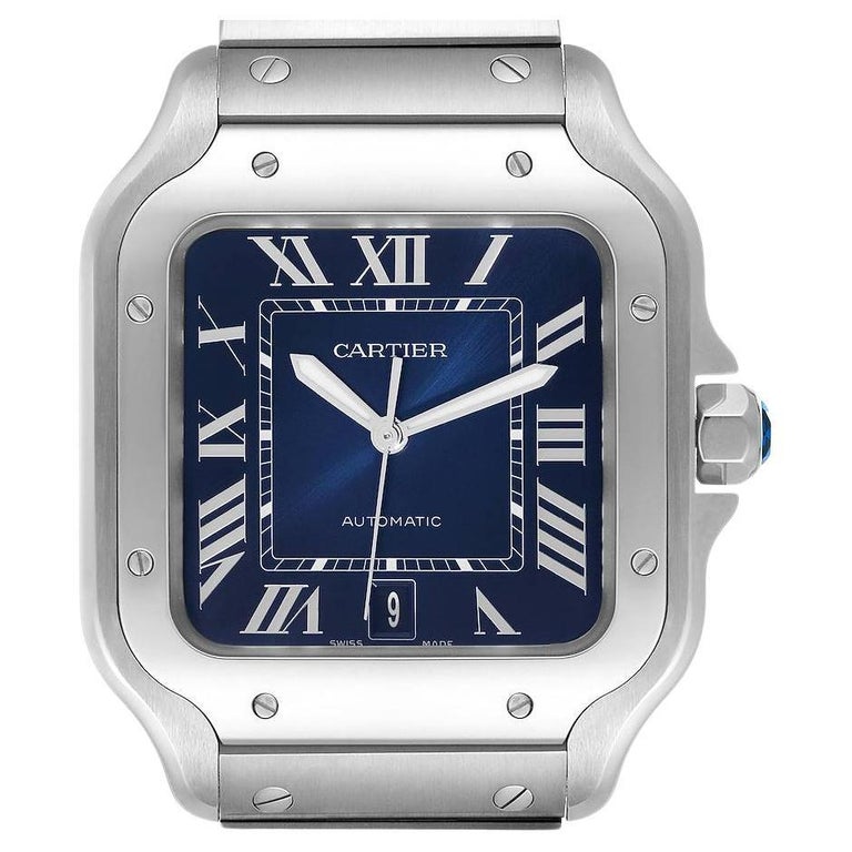 Cartier Santos Edelstahl blau Zifferblatt Herrenuhr WSSA0030 ungetragen im Angebot bei 1stDibs