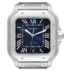 Cartier Santos Edelstahl-Herrenuhr mit blauem Zifferblatt WSSA0030, ungetragen