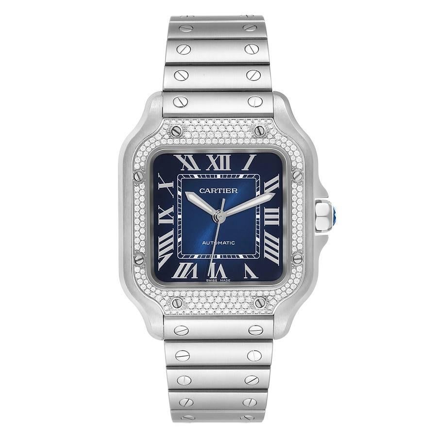 Cartier Santos Stainless Steel Diamond Blue Dial Mens Watch W4SA0006 Box Card. Automatic self-winding movement. Stainless steel case 35 mm. Protected octagonal crown set with a faceted blue synthetic spinel. Cartier original diamond set bezel